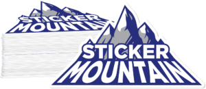 A stack of Sticker Mountain logo stickers to increase customer loyalty