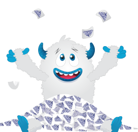 Excited cartoon yeti tossing custom stickers in the air. Order custom stickers for branding