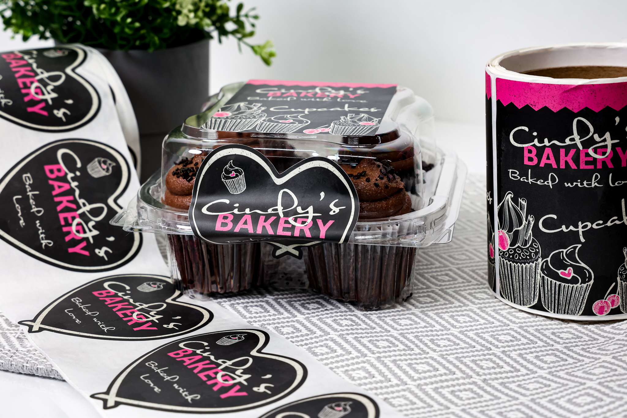 Custom bakery labels on cupcake packaging and napkins. Learn how to order labels for branding