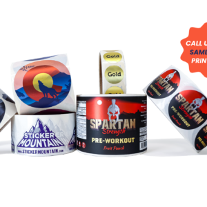Various custom label printing rolls from Sticker Mountain, showcasing high-quality product labels