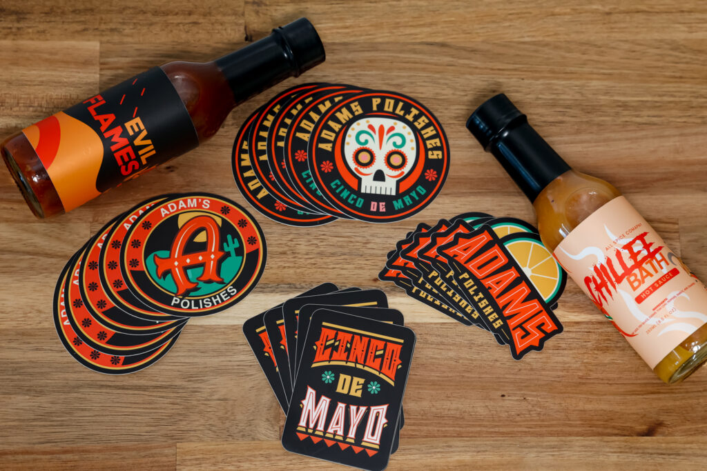 cinco de may stickers and hot sauce labels