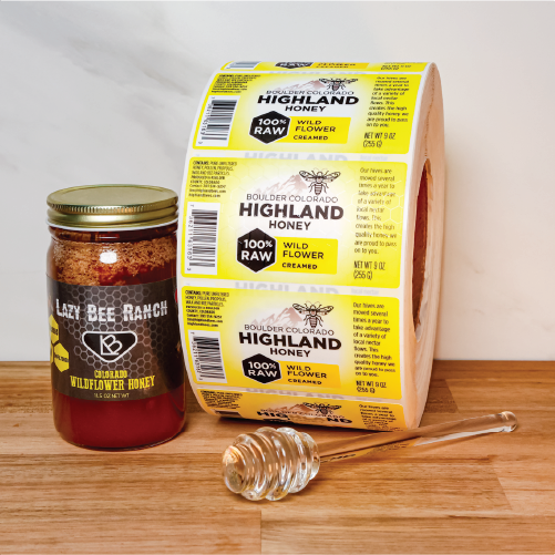 highland honey lazy bee ranch custom honey embellished raised spot uv white bopp matte gloss rectangle labels