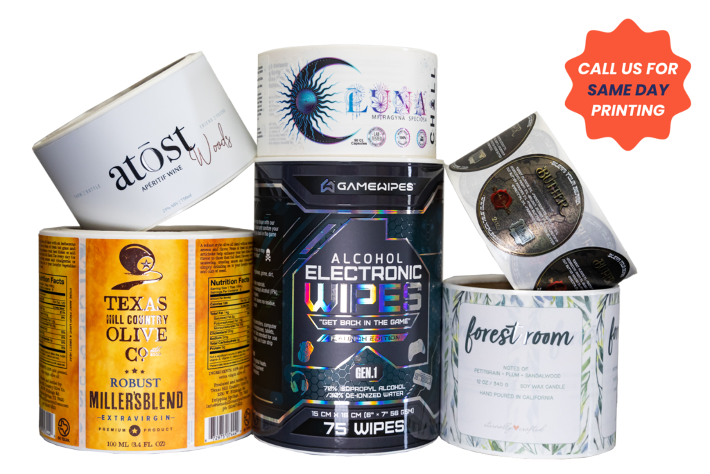 Embellished label by Sticker Mountain. Raised spot uv labels white bopp clear bopp and metallic bopp custom labels.
