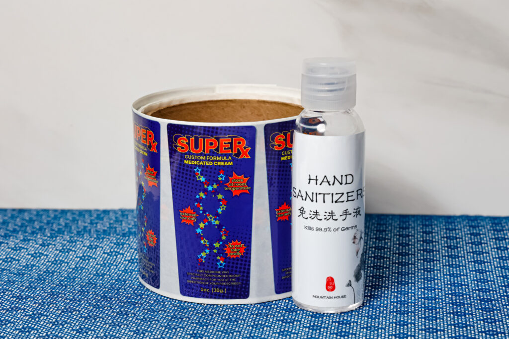 home products hand sanitzer and medicine white bopp matte and gloss custom labels tapered container labels