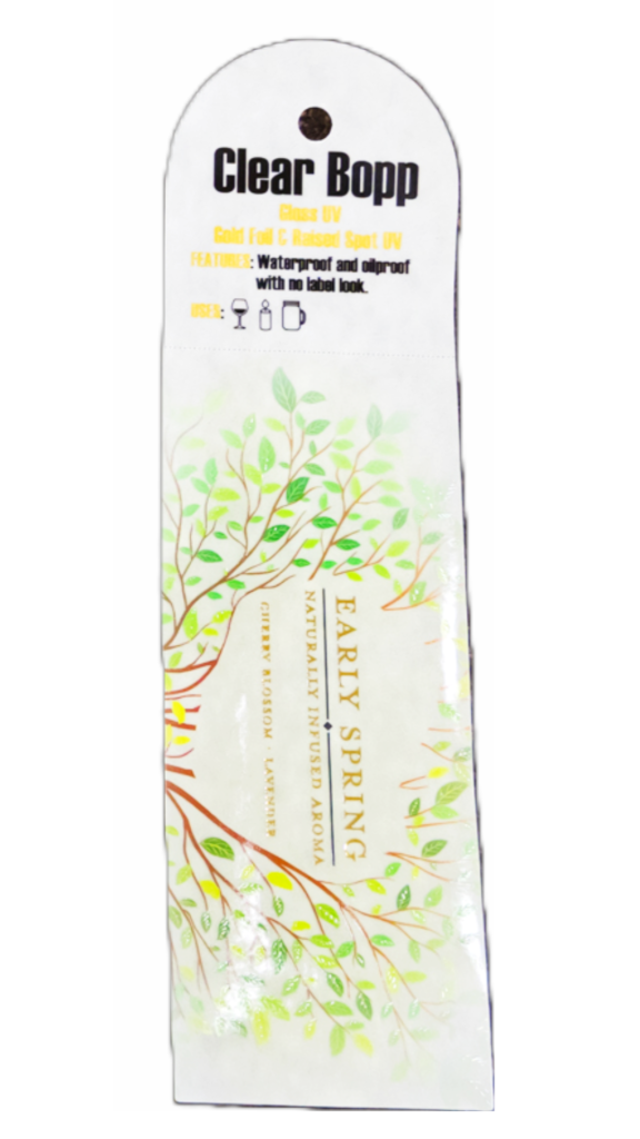clear bopp gloss uv gold foil raised spot uv custom clear bopp labels label sample pack embellished sample pack gold foil and raised spot uv