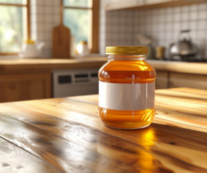 A jar of honey with a blank label on a countertop with a kitchen in the background