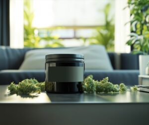 A cannabis jar with a blank label design sitting on a coffee table with fresh cannabis sitting around it